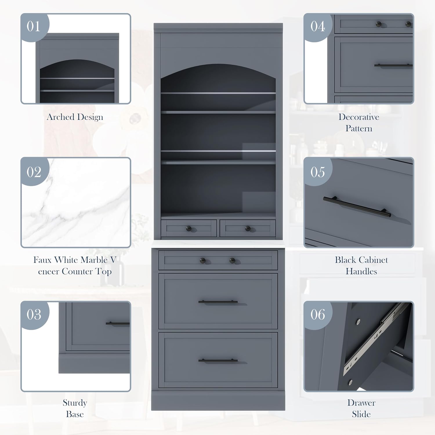Modern 83.7inch High Kitchen Pantry, Freestanding Tall Kitchen Hutch with Faux Marble Top, Cupboard Cabinet with 5 Storage Drawers and Adjustable Shelf (Gray-4)
