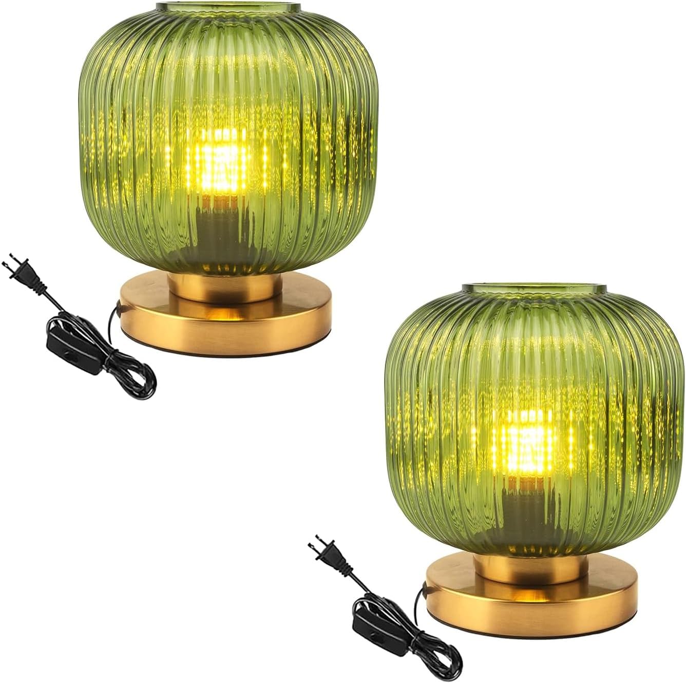 Bedside Table Lamps Set of 2, Mid Century Table Lamp Small Glass Table Lamp Green Glass Nightstand Lamp with Metal Base, Gold Globe Desk Lamp End Table Lamps for Bedroom Living Room Office