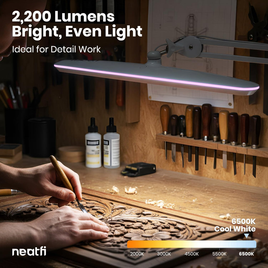 Neatfi XL 2,200 Lumens 24W LED Desk Lamp – 23' Wide Shade | Dimmable Eye-Caring Task Light | Adjustable Arm | Home Office, Study, Crafts & Nail Tech (White with Pink Ring, Non-CCT with Clamp)