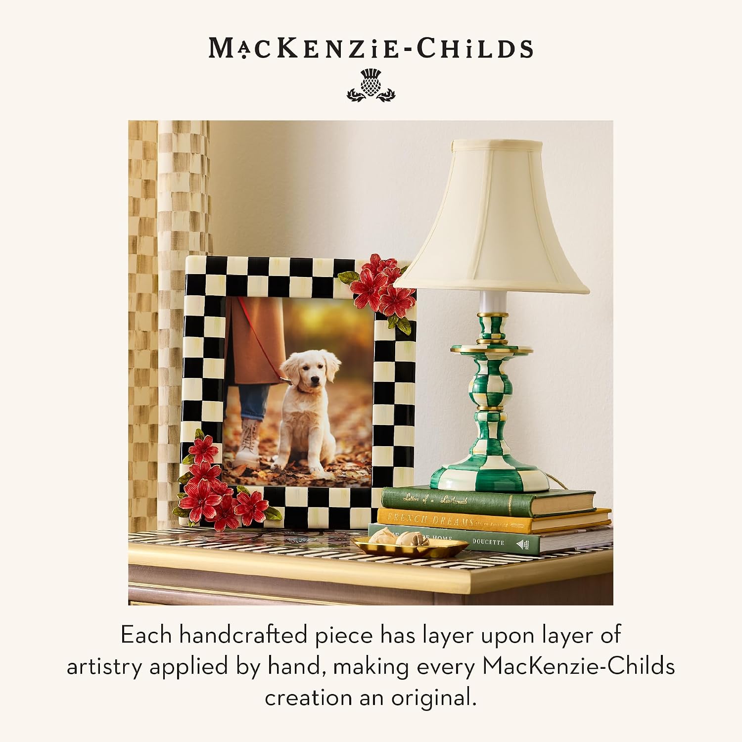 MACKENZIE-CHILDS LED Rechargeable Cafe Table Lamp, Cordless Decorative Lamp, Green-and-White Emerald Check