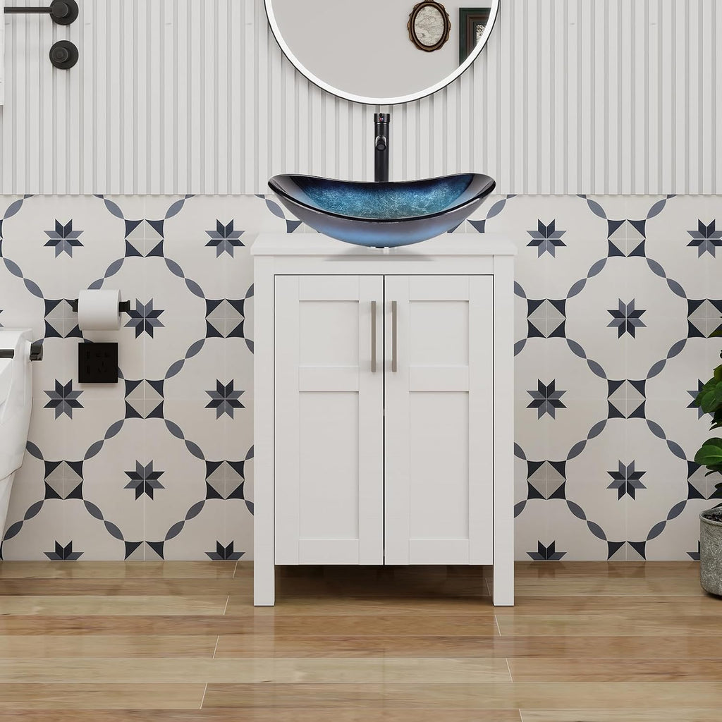 YOURLITE 24' Bathroom Vanity with Sink, White Bathroom Vanity and Sink Combo with Faucet & Pop Up Drain Set,Traditional Vanity with Blue Glass Bowl Bathroom Sink