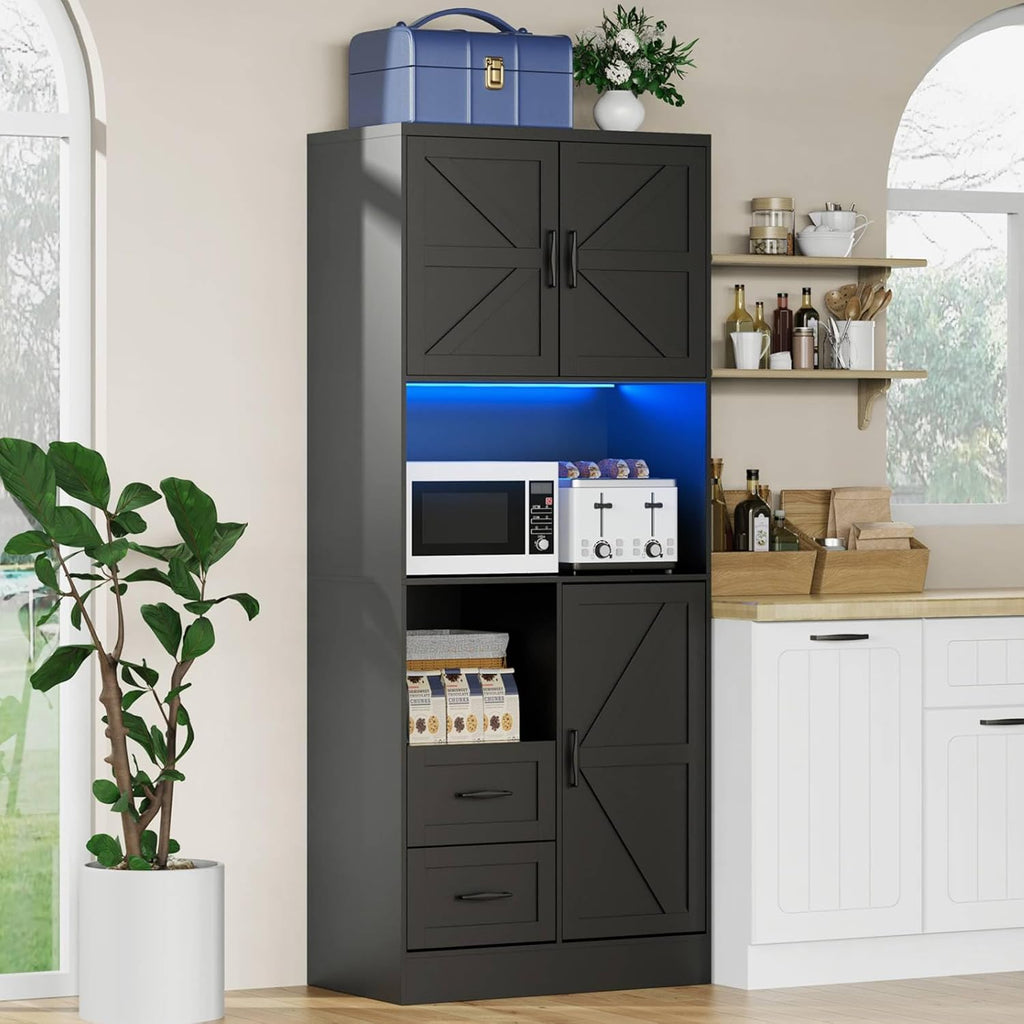 Bigbiglife Farmhouse Kitchen Pantry Cabinet with LED Lights and Power Strip, Tall Kitchen Storage Cabinet, Kitchen Hutch with Microwave Stand & Barn Doors and Drawers for Dining Room