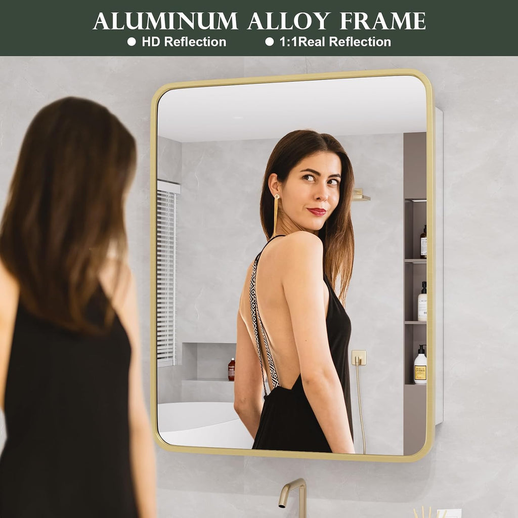 WallBeyond Bathroom Medicine Cabinet with Mirror, 22x28 Inch Gold Recessed Medicine Cabinet with Round Corner Aluminum Alloy Metal Framed, Single Door Cabinet Medicine with Storage