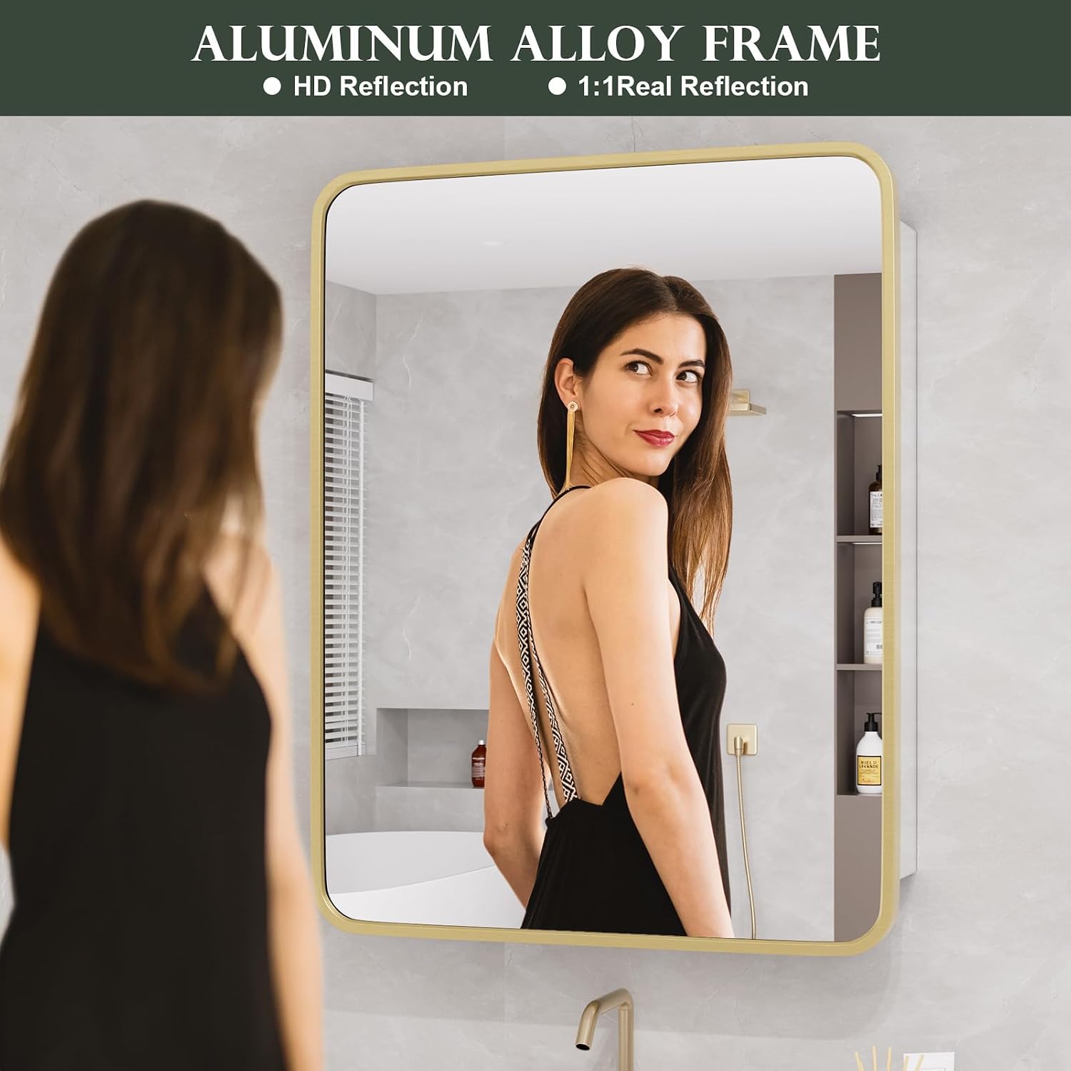WallBeyond Bathroom Medicine Cabinet with Mirror, 22x28 Inch Gold Recessed Medicine Cabinet with Round Corner Aluminum Alloy Metal Framed, Single Door Cabinet Medicine with Storage
