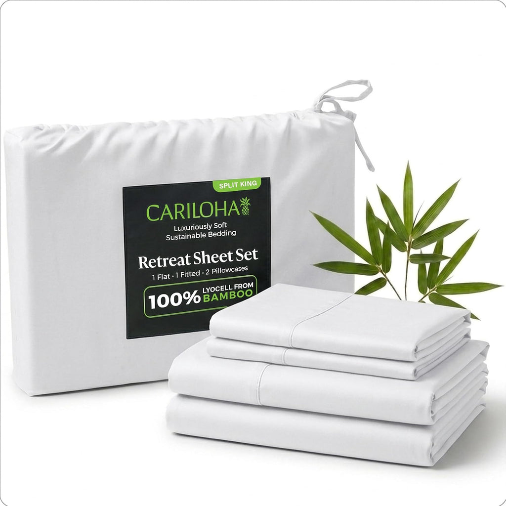 Cariloha Retreat 4-Piece Sateen Sheet Set | White | Split King | Lyocell Material | Breathable, Corner Straps, Extra Soft & Cooling