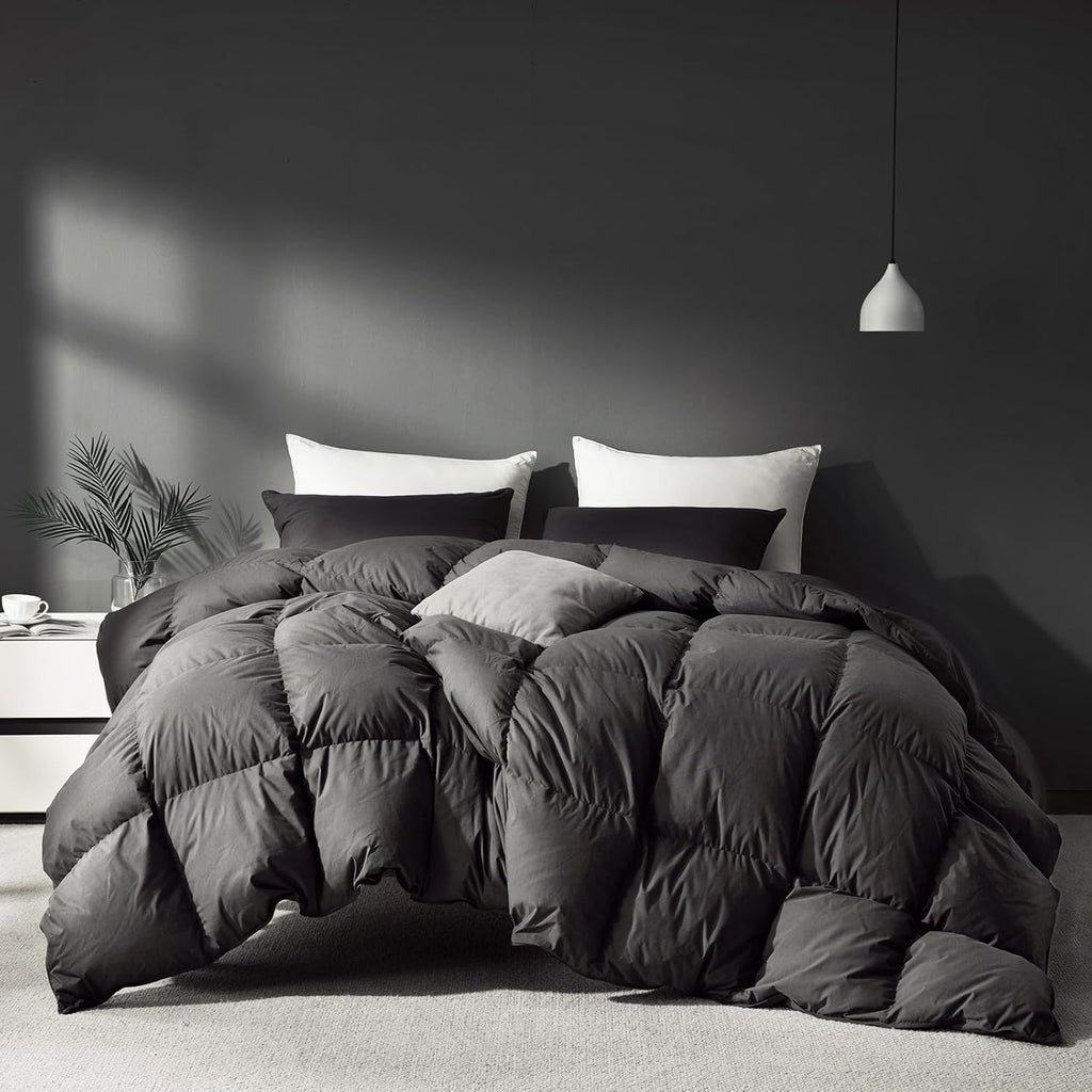 Grey Goose Feather Down Comforter Twin Size, Premium All Season Duvet Insert, 750+ Fill Power 1200TC Cotton Blend Fabric Hotel Style Comforter, 32 Oz Lightweight (68x90, Dark Grey)