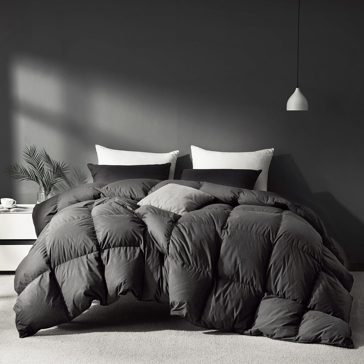 Grey Goose Feather Down Comforter Twin Size, Premium All Season Duvet Insert, 750+ Fill Power 1200TC Cotton Blend Fabric Hotel Style Comforter, 32 Oz Lightweight (68x90, Dark Grey)
