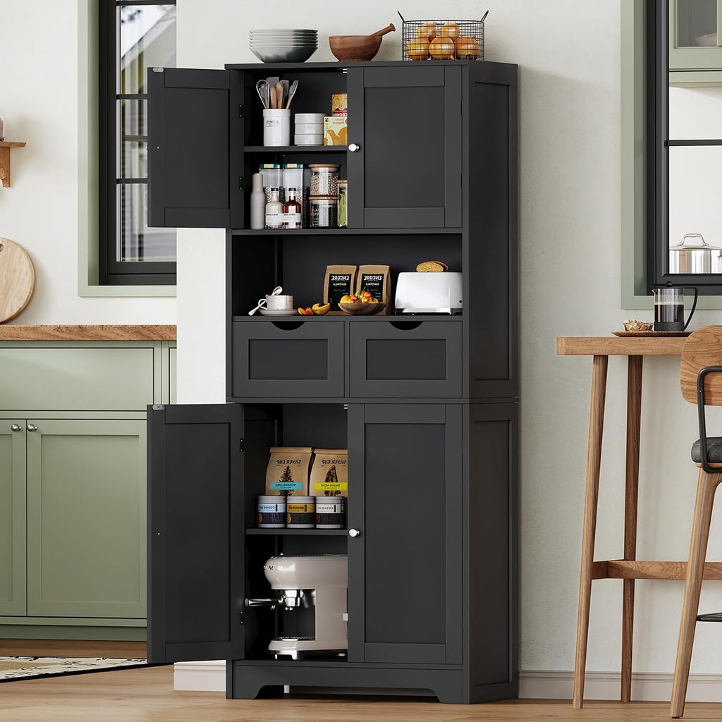Iwell 57.8' H Tall Storage Cabinet with 2 Drawers & 2 Adjustable Shelves, Kitchen Cabinet with 4 Doors, Tall Cabinet for Living Room, Dining Room, Entryway, Black
