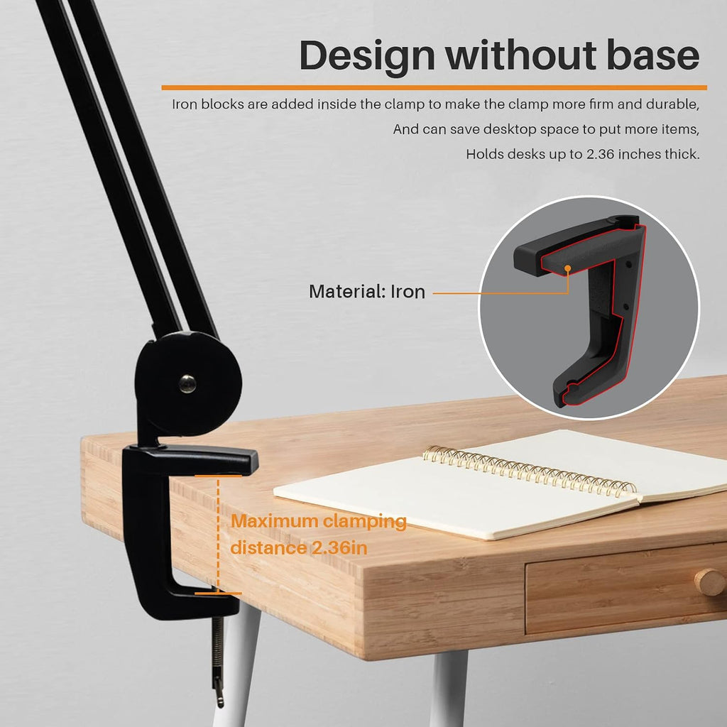 Task Lamp with Clamp, 23 Inch Lamp Head, Bright 182PCS LEDs,3 Color Temperatures, 4 Brightness Levels, Metal Swing Arm 20W 2200 Lumen Dimmable Led Desk Lamp (Black, CCT)