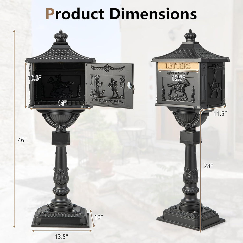 Giantex Cast Aluminum Mailbox with Post - Locking Residential Mailboxes for Outside with Keys, Baffle Door, Expansion Bolts, Address Panel, In-Ground Rust-Proof Large Security Postal Mailbox (Black)