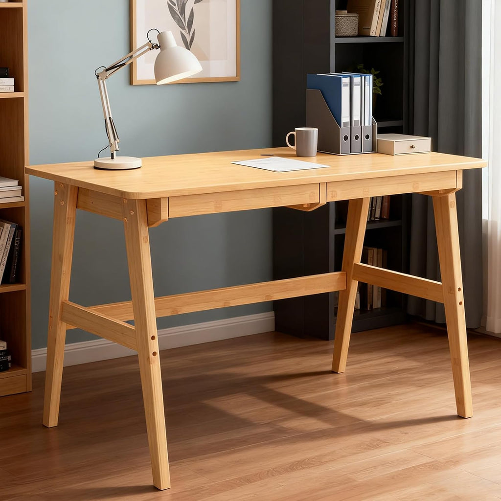 Nnewvante Writing Computer Desk 46' Bamboo Home Office Table with 2 Drawers, Modern Furniture Simple Study Makeup Workstation