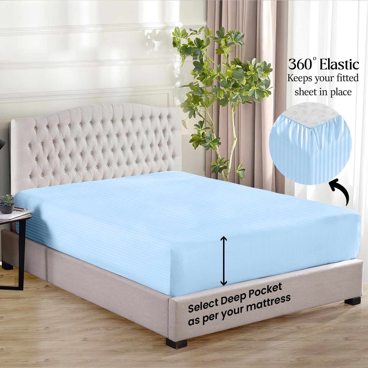 1000 Series- Extra Long Staple 100% Egyptian Cotton Sheet Set,Sateen Weave, Hotel Quality Soft Luxury Bedding, Queen Size 4 Piece Sheet Set Fit 15' Inch to 18' Deep Stripe Light Blue