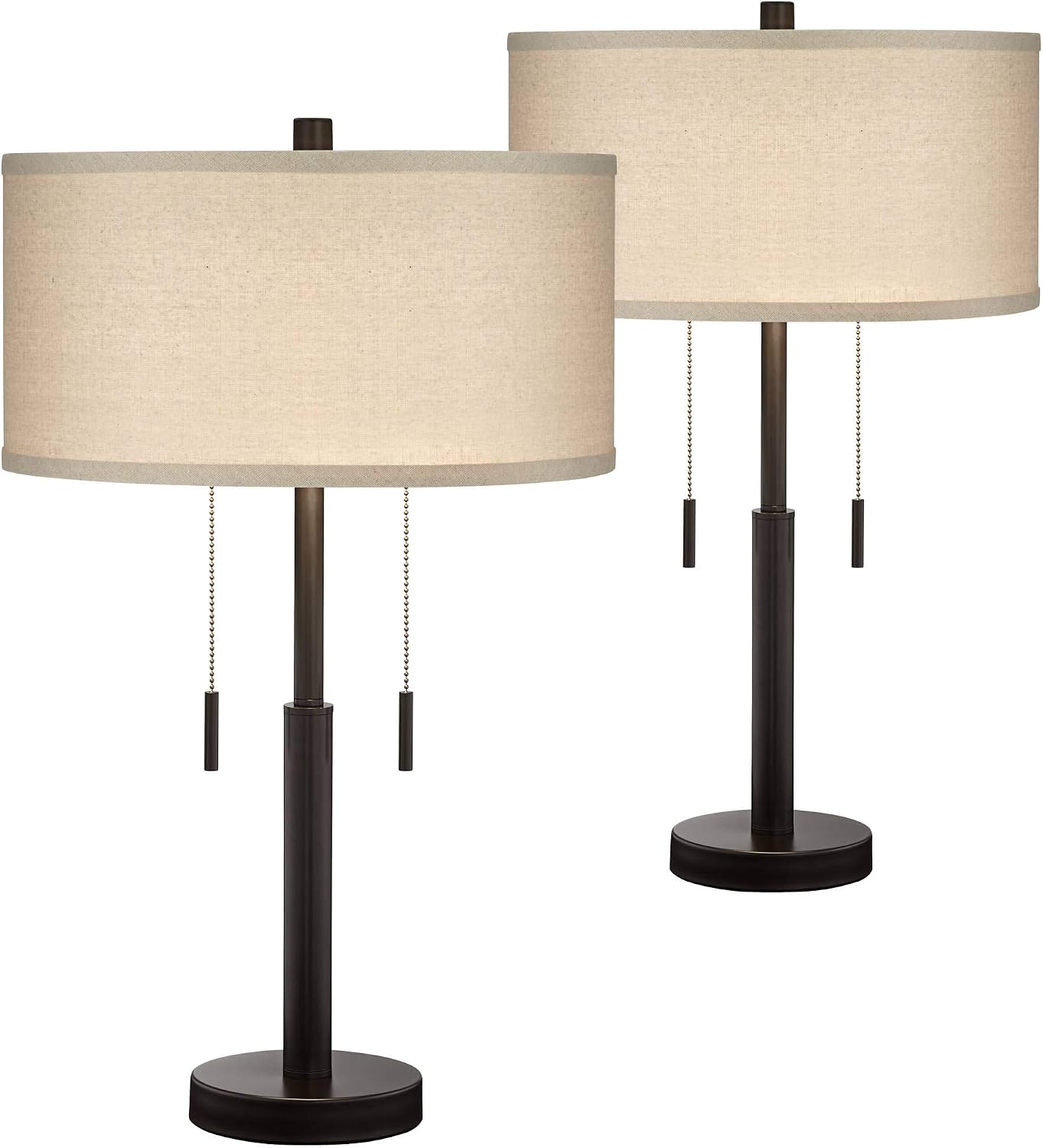 Franklin Iron Works Bernie Industrial Nightstand Table Lamp 25' High Set of 2 with Hotel Style USB Charging Port Rich Bronze Metal Fabric Drum Shade for Living Room Desk Bedroom House Bedside Home