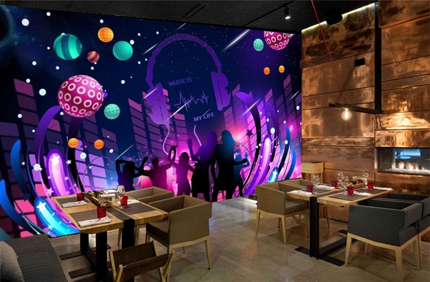 MWZ3463 Musical Show Instruments Bubbles Stars HD 3D Wallpaper for Disco Club Karaoke[16 ft x 11 ft] / [488 cm x 335 cm]
