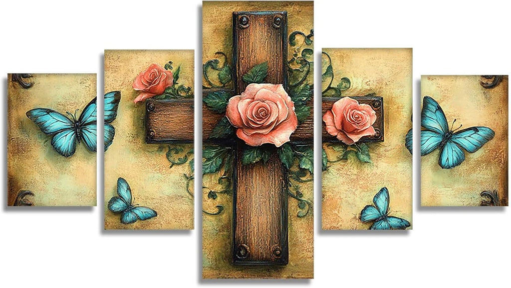 Retro Diamond Art 5 Piece Diamond Painting Cross 5D DIY Full Round Drill Dimond Art Paintings Rhinestones Crafts for Adults Gem Painting for Home Decor, Large Artwork for Wall 60 x 120 Inch, Model81
