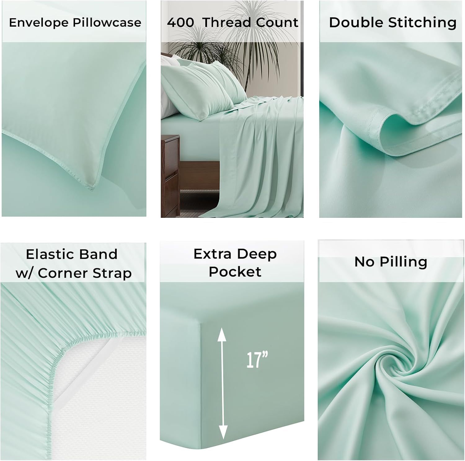Luxury Bamboo Market | Queen Size Bed Sheet Set | 100% Viscose Made from Bamboo | Organically Grown | Ultra Soft | Cooling Sheets for Hot Sleepers | 17' Deep Pocket [Coastal Green]
