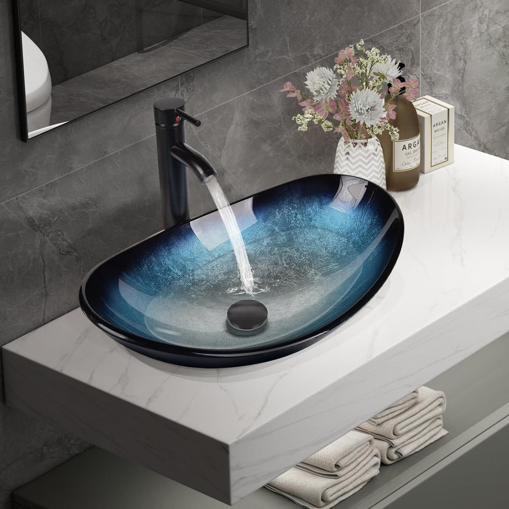 YOURLITE 24' Bathroom Vanity with Sink, White Bathroom Vanity and Sink Combo with Faucet & Pop Up Drain Set,Traditional Vanity with Blue Glass Bowl Bathroom Sink