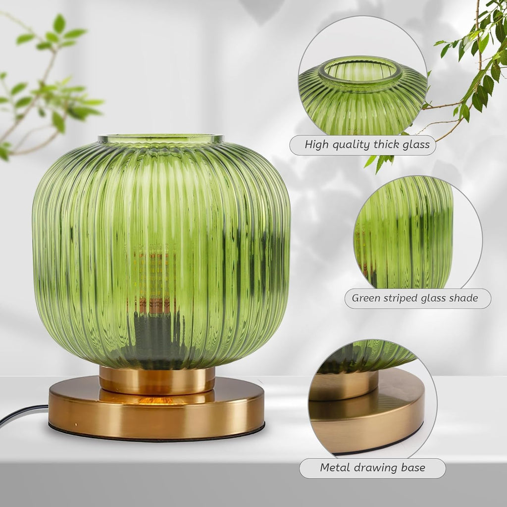 Bedside Table Lamps Set of 2, Mid Century Table Lamp Small Glass Table Lamp Green Glass Nightstand Lamp with Metal Base, Gold Globe Desk Lamp End Table Lamps for Bedroom Living Room Office