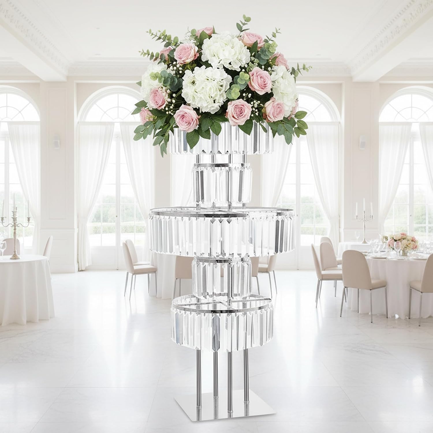 5-Tier Crystal Silver Vase for Centerpiece - Large Wedding Decor Flower Stand, Metal Chandelier Stand with K9 Crystal Pendants, Elegant Flower Display Rack for Party Event Home Wedding Decor (Silver)
