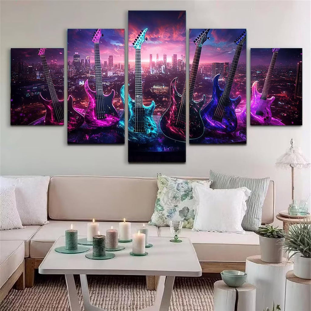 Guitar Diamond Art 5 Piece Diamond Painting City 5D DIY Full Round Drill Dimond Art Paintings Rhinestones Crafts for Adults Gem Painting for Home Decor, Large Artwork for Wall 44 x 90 Inch, Model273