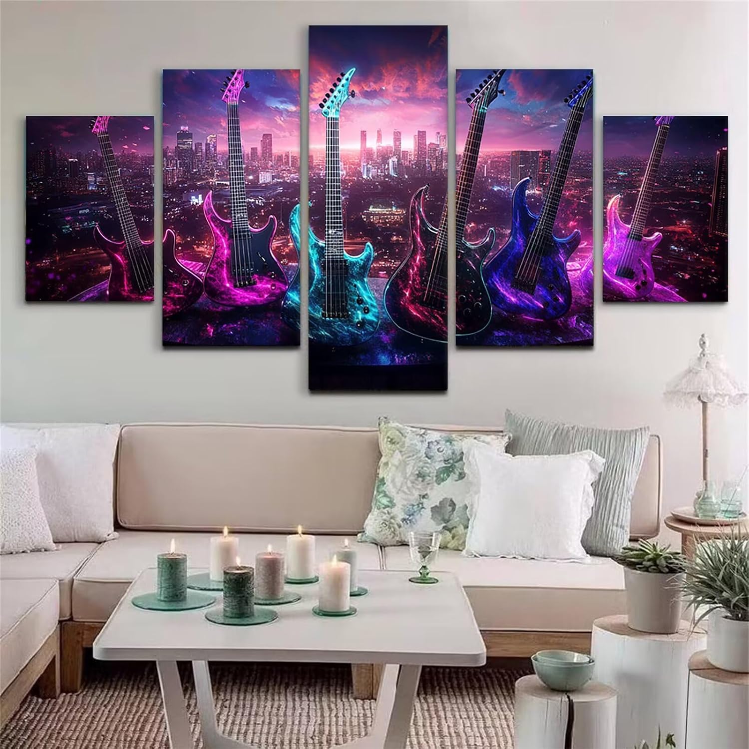 Guitar Diamond Art 5 Piece Diamond Painting City 5D DIY Full Round Drill Dimond Art Paintings Rhinestones Crafts for Adults Gem Painting for Home Decor, Large Artwork for Wall 48 x 100 Inch, Model273