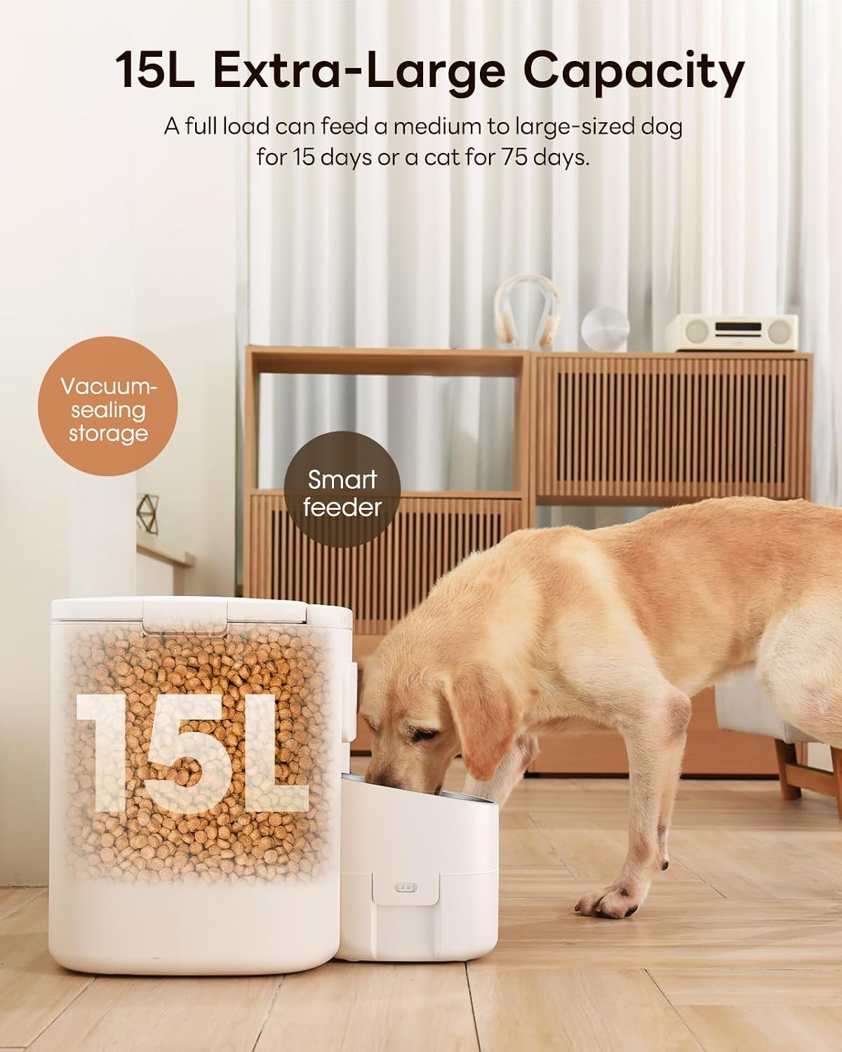Automatic Dog Feeder for Large Breed, 15L/ 63Cups Vacuum-Sealed Airtight 100% Fresh Timed Home Auto Pet Feeder, Anti-Clog Pet Food Dispenser, 2-22mm Kibble, Voice Record, Dual Power, Stainless Steel