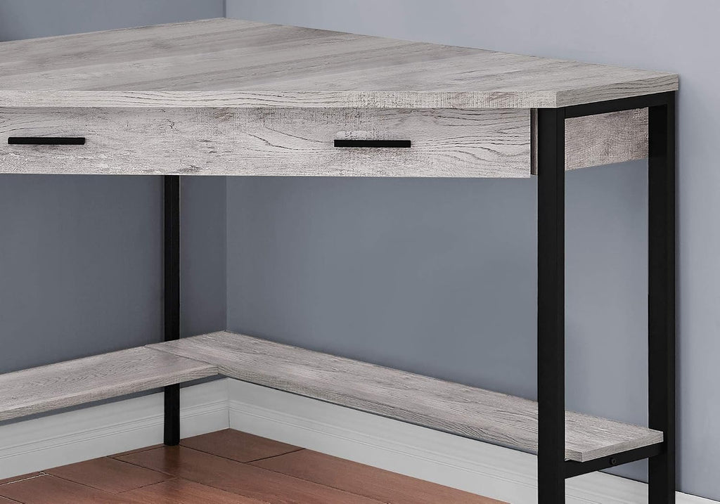 Pemberly Row Corner Computer Desk, 42 in, Reclaimed Wood Gray and Black Finish, Metal Frame, 1 Drawer and Bottom Shelf, Traditional Style, Home Office Writing Desk for Laptop/Tablet Workstation Use