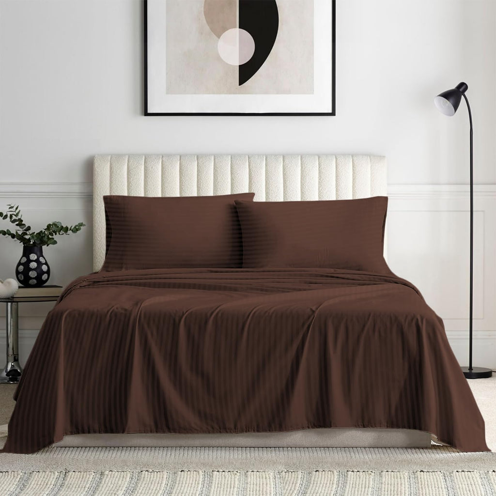 1000 Series- Extra Long Staple 100% Egyptian Cotton Sheet Set,Sateen Weave, Hotel Quality Soft Luxury Bedding, Queen Size 4 Piece Sheet Set Fit 15' Inch to 18' Deep [Stripe Chocolate]