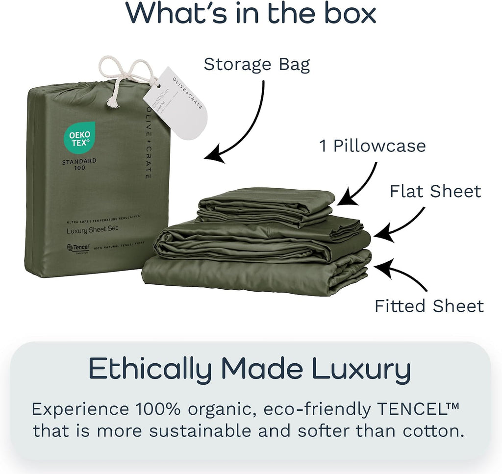Olive + Crate Tencel Lyocell Eucalyptus Twin XL Sheets - Extra Long Sheet Set - Cooling Tencel Sheets for Hot Sleepers with 16 Inch Deep Pocket Fit - Moss 3-Piece Set