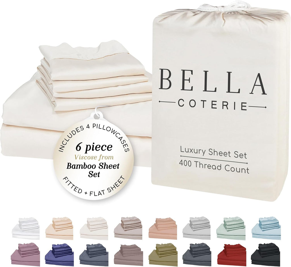 Bella Coterie 6 Piece Luxury Bamboo Viscose Split Top King Size Sheet Set | 34' Split for Adjustable Beds | 100% Organically Grown| Cooling | 18' Deep Pocket | 4 Pillowcases [Ivory]