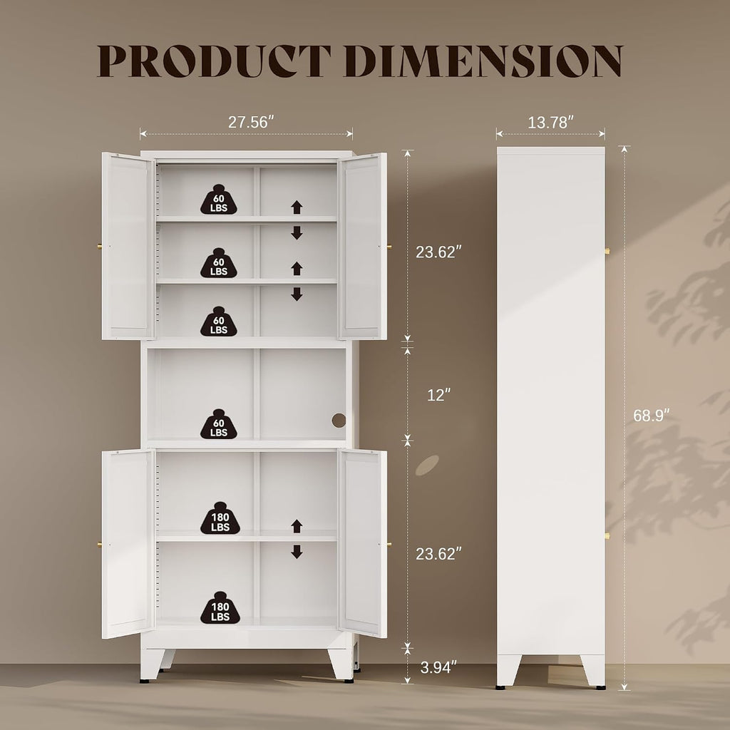 69' H Kitchen Hutch Cabinet with Storage,White Metal Storage Cabinet,Microwave Cabinet,Kitchen Pantry Cabinet with Countertop