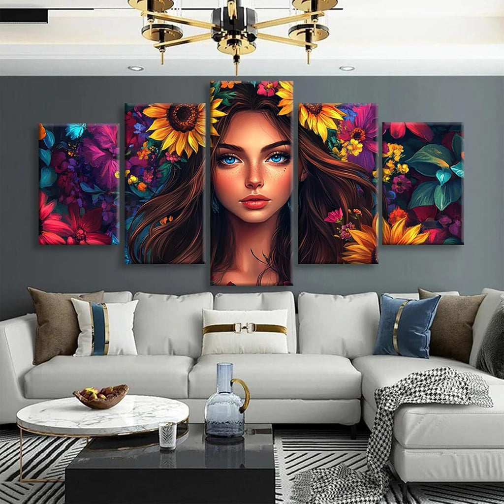 Sunflower Diamond Art 5 Piece Diamond Painting Woman 5D DIY Full Round Drill Dimond Art Paintings Rhinestones Crafts for Adults Gem Painting for Home Decor Large Artwork for Wall 44 x 90 Inch,Model141