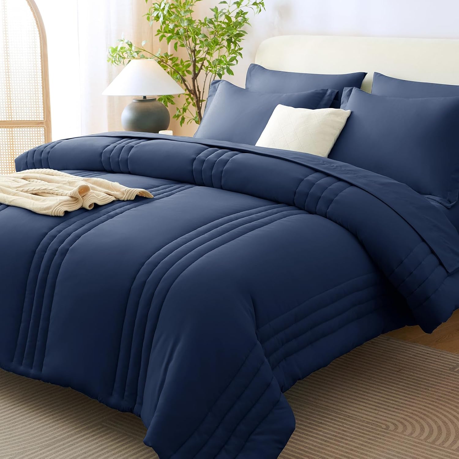 CozyLux Super King Plus Comforter Set Navy Blue - 7 Pieces Bed in a Bag, Modern Vertical Quilted Room Decor, Soft All-Season Bedding Gift with Comforter, Sheets, Pillowcases & Shams