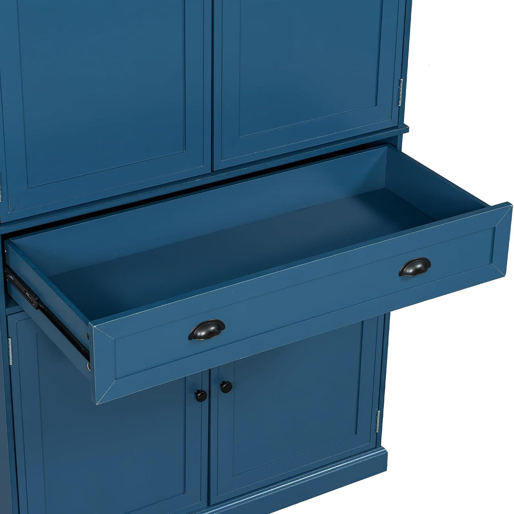 Freestanding 4 Doors Kitchen Pantry, Wood Kitchen Cupboard Storage Cabinet with 6 Door Shelves, Drawer and 3 Pull-Out Trays for Dining Room (Blue-4.14)