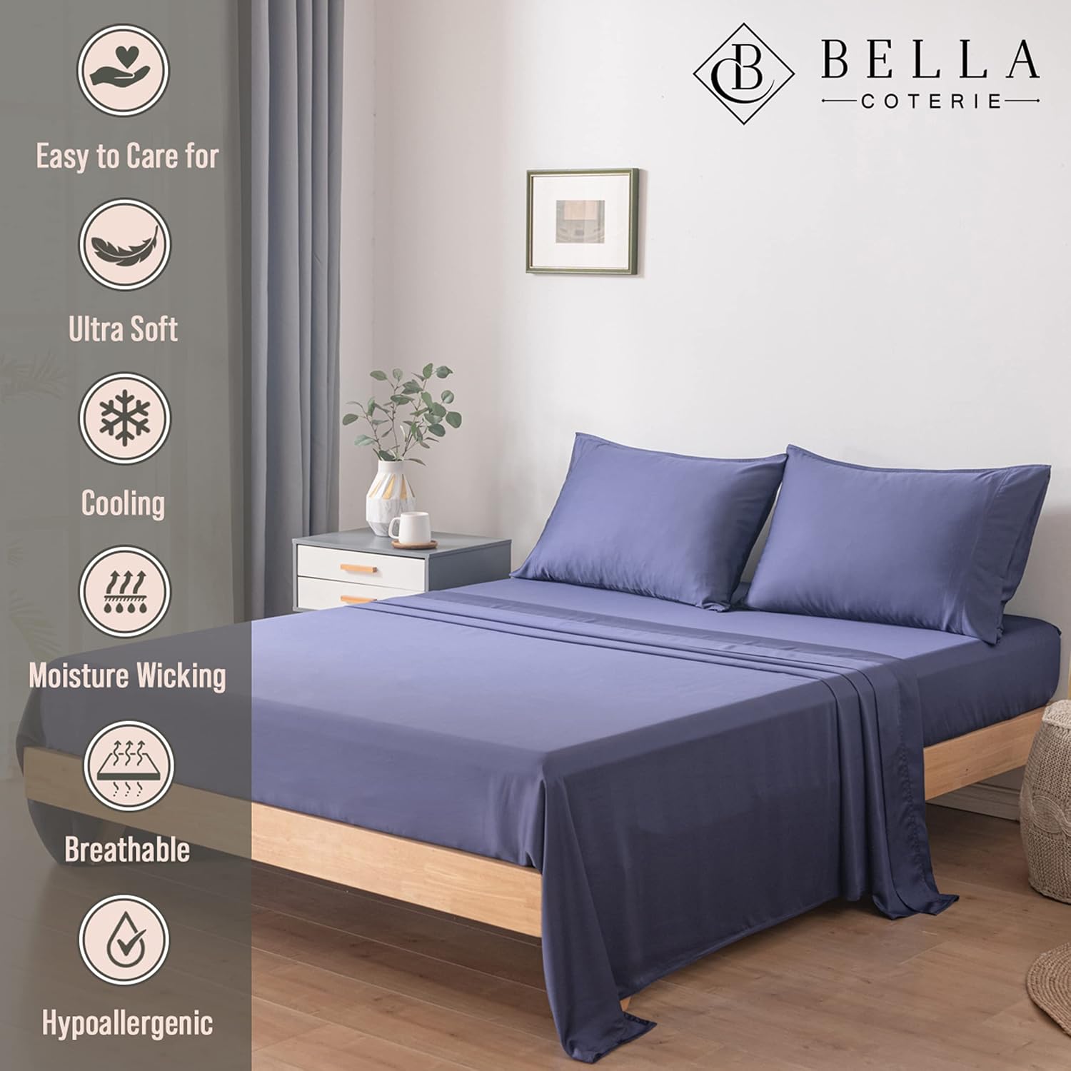 Bella Coterie Luxury Bamboo Viscose Queen Size Sheet Set | 100% Organically Grown | Ultra Soft | Cooling for Hot Sleepers | 18' Deep Pocket [Twilight Blue]
