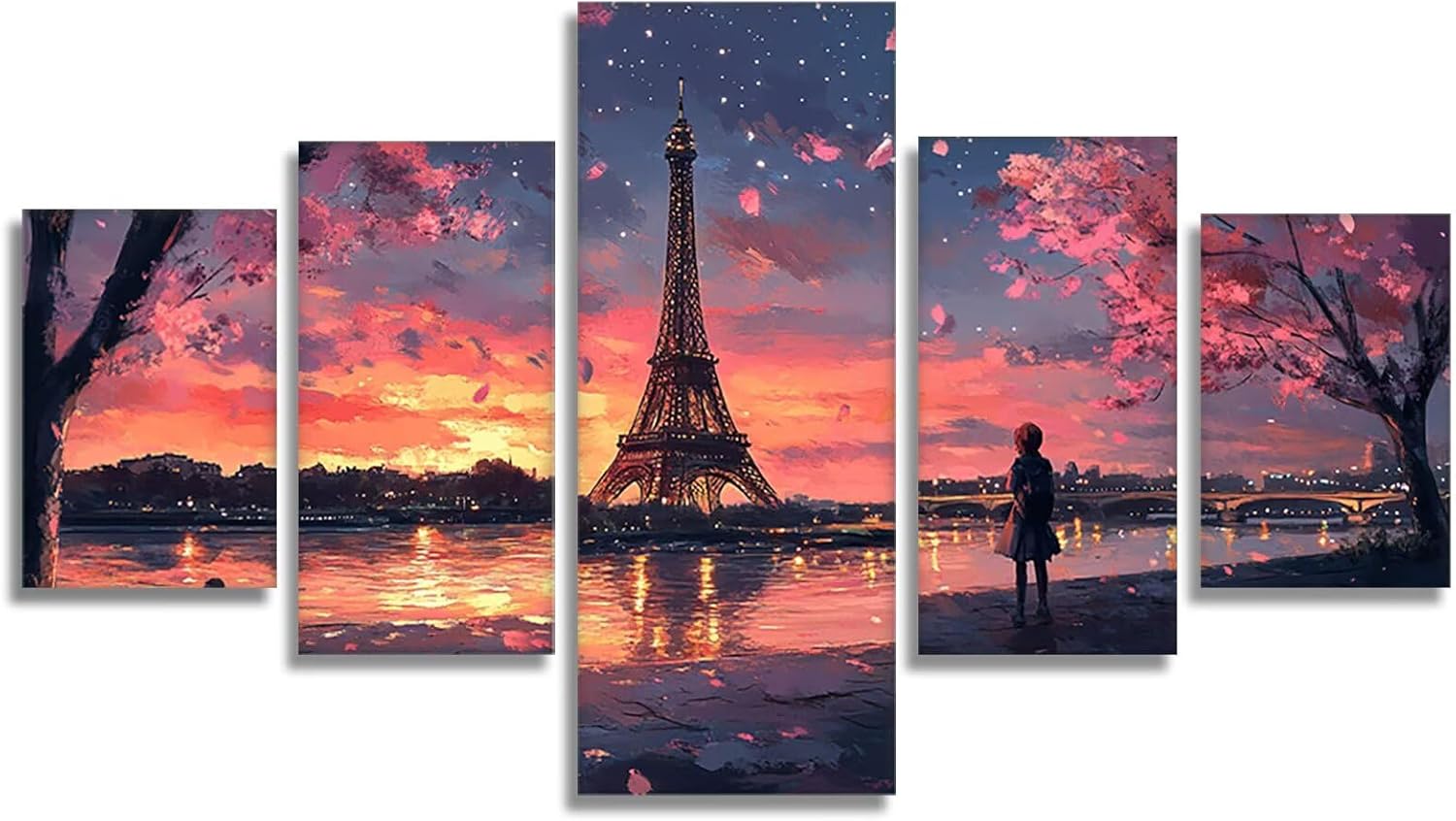 Cherry Blossoms Diamond Art 5 Piece Diamond Painting Landscape 5D DIY Full Round Drill Dimond Art Paintings Crystal Rhinestones Crafts for Adults Gem Painting for Home Decor, 44 x 90 Inch, Model405