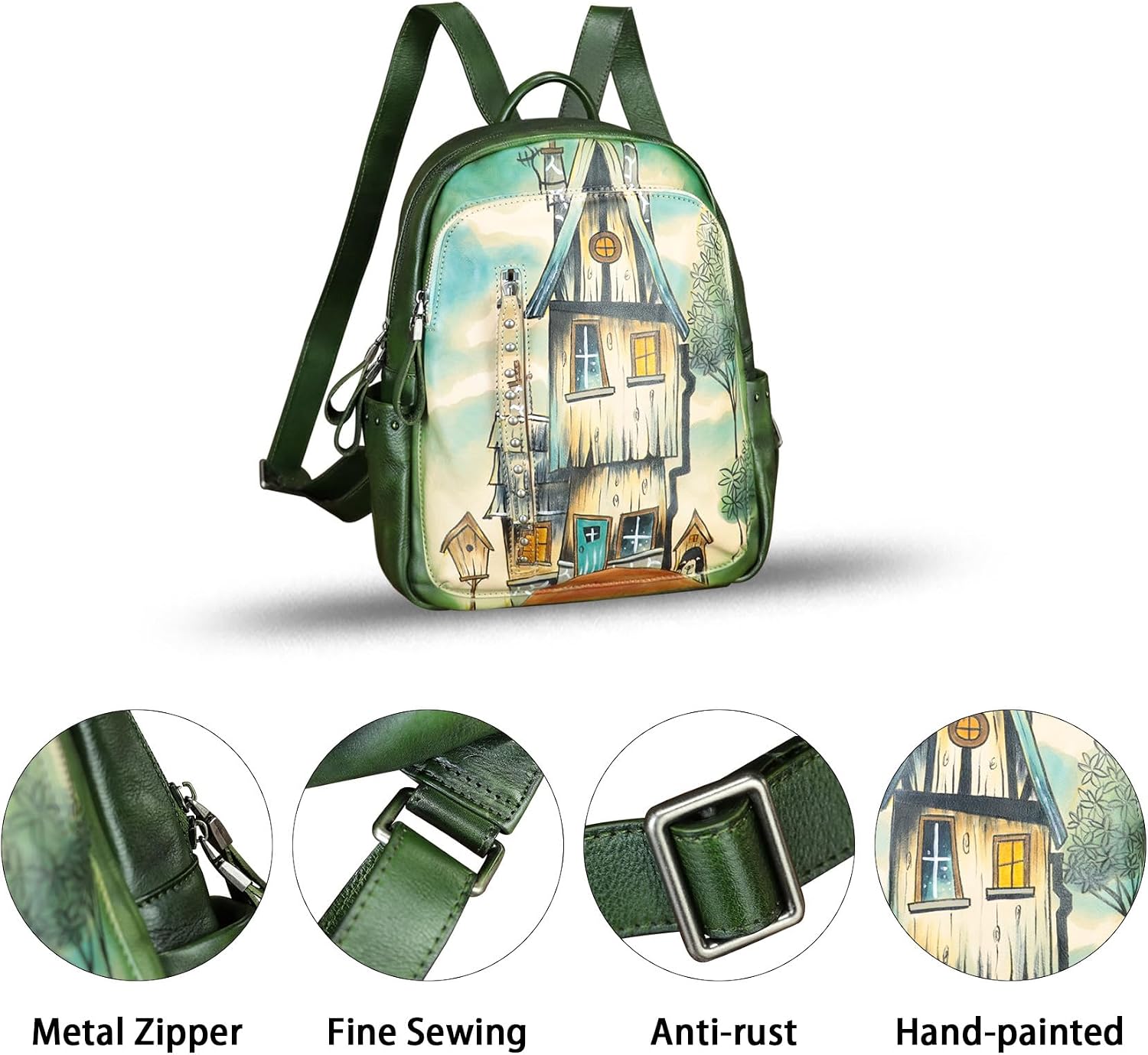 Genuine Leather Backpack for Women Hand Painted Rivet Knapsack Purse Handmade Rucksack Casual Daypack (Pattern1)