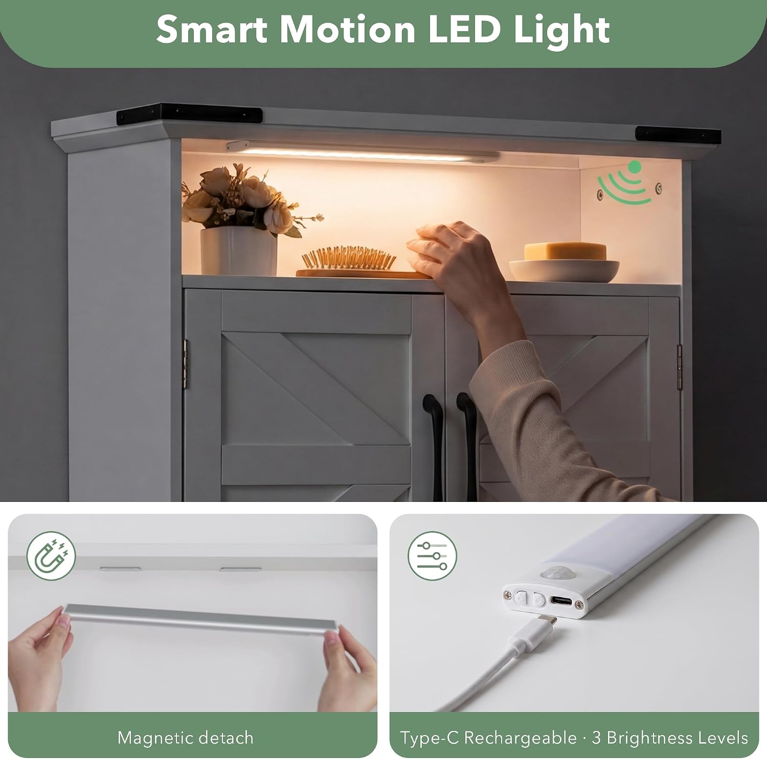 Bathroom Wall Cabinet, 23' x 25' Farmhouse Over The Toilet Storage with Motion LED Light & Safety Drawers, Wooden Medicine Cabinet, Water-Resistant White Organizer (9' Depth)