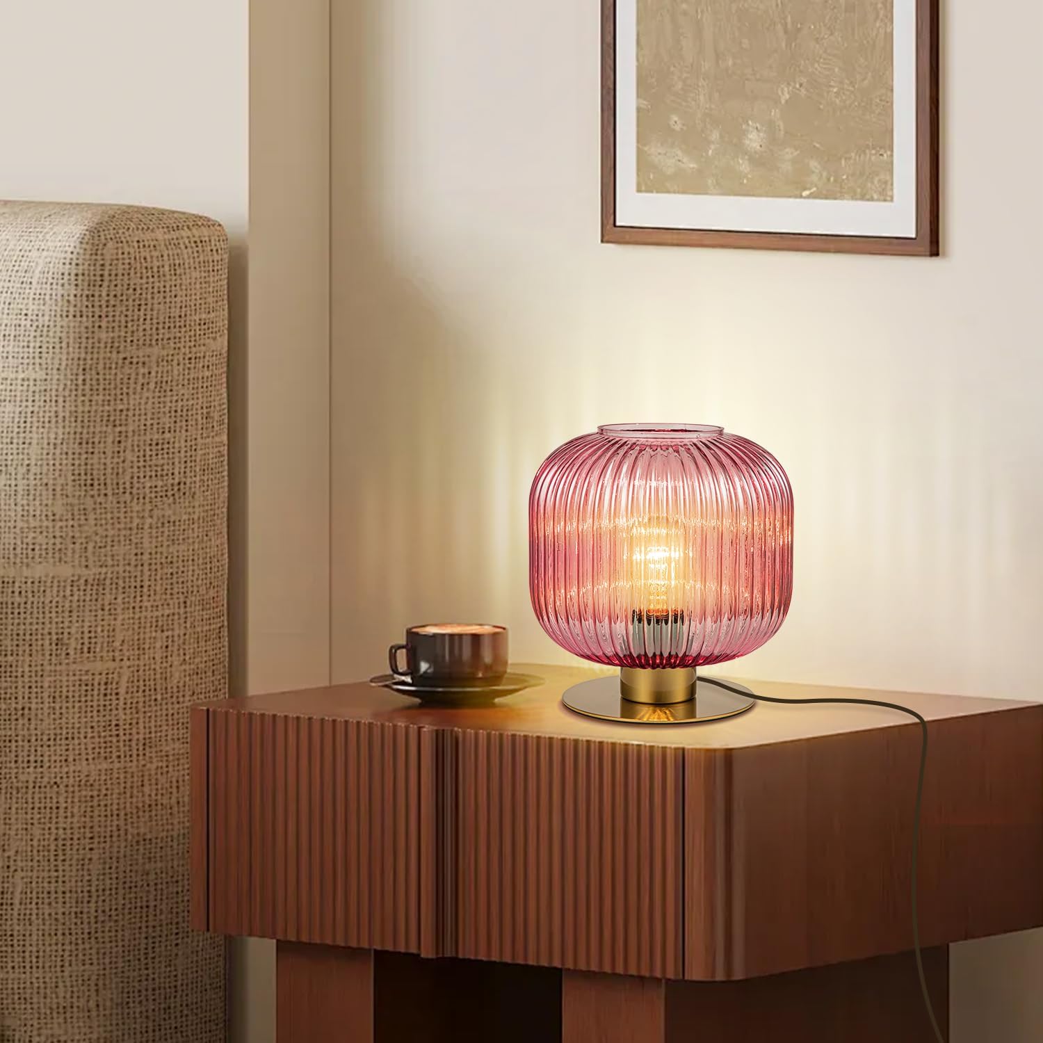 Glass Lamps Set of 2, Vintage Gold Table Lamps for Living Room End Table, Mid Century Bedside Table Lamp with Ribbed Glass Globe, Cute Desk Lamp Pink Nightstand Lamp for Girls Bedroom
