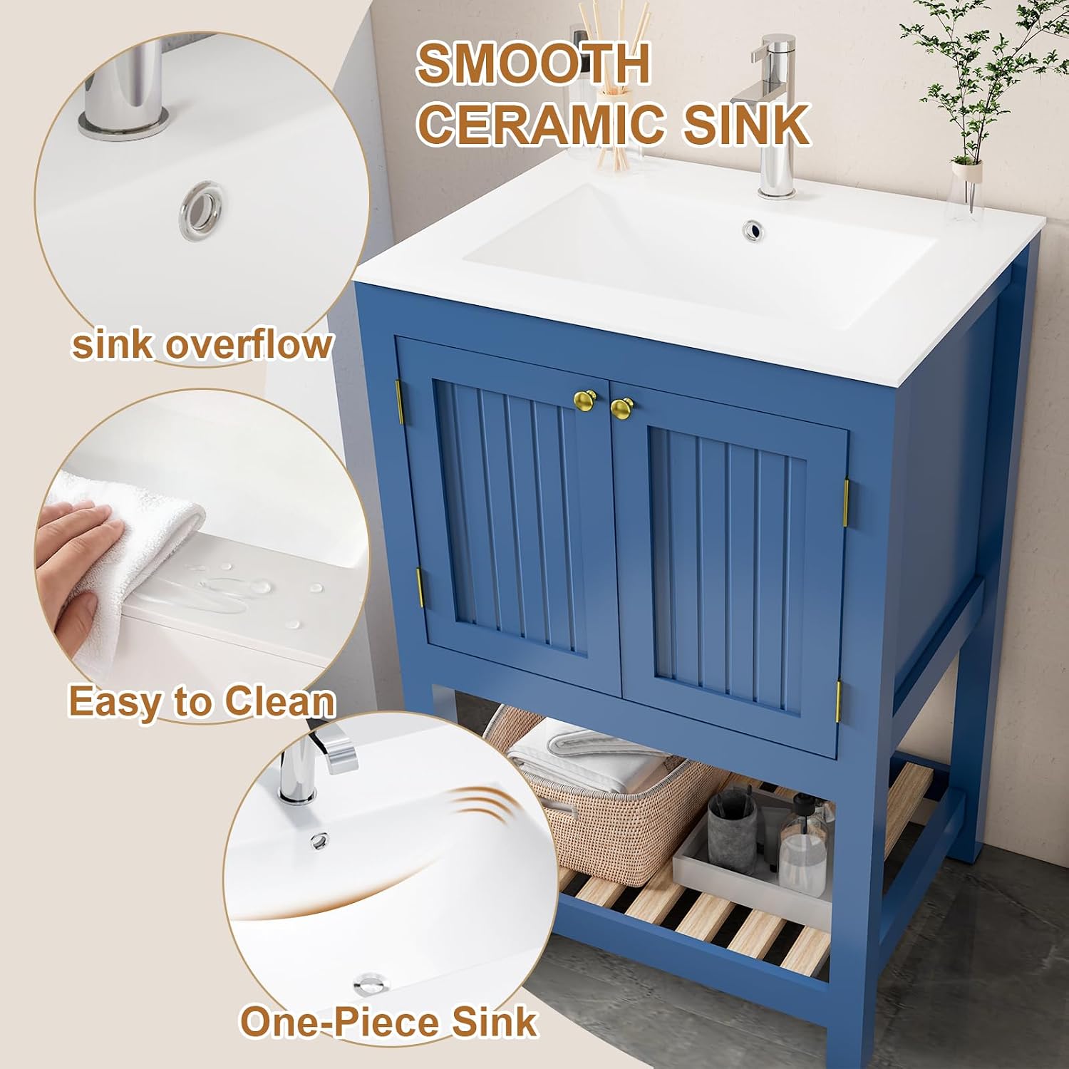 24 Inch Small Bathroom Vanity with Sink, Modern Bathroom Sink Cabinet with Open Shelf, Ceramic Basin, Blue
