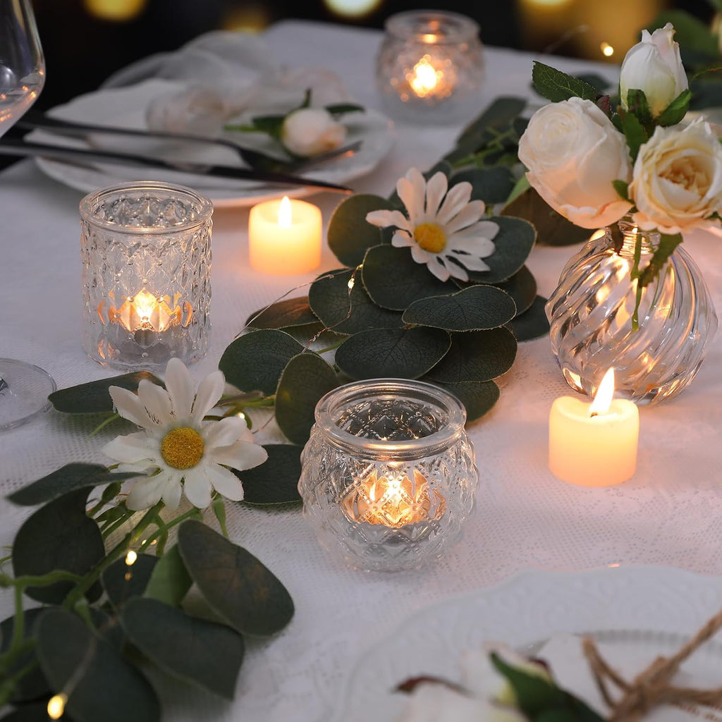 DARJEN Clear Votive Candle Holders Set of 36- Round Glass Candle Holders Bulk for Tea Light Candle, Embossed Candle Votives for Wedding Centerpiece, Various Parties & Home Decor (Pack of 4)