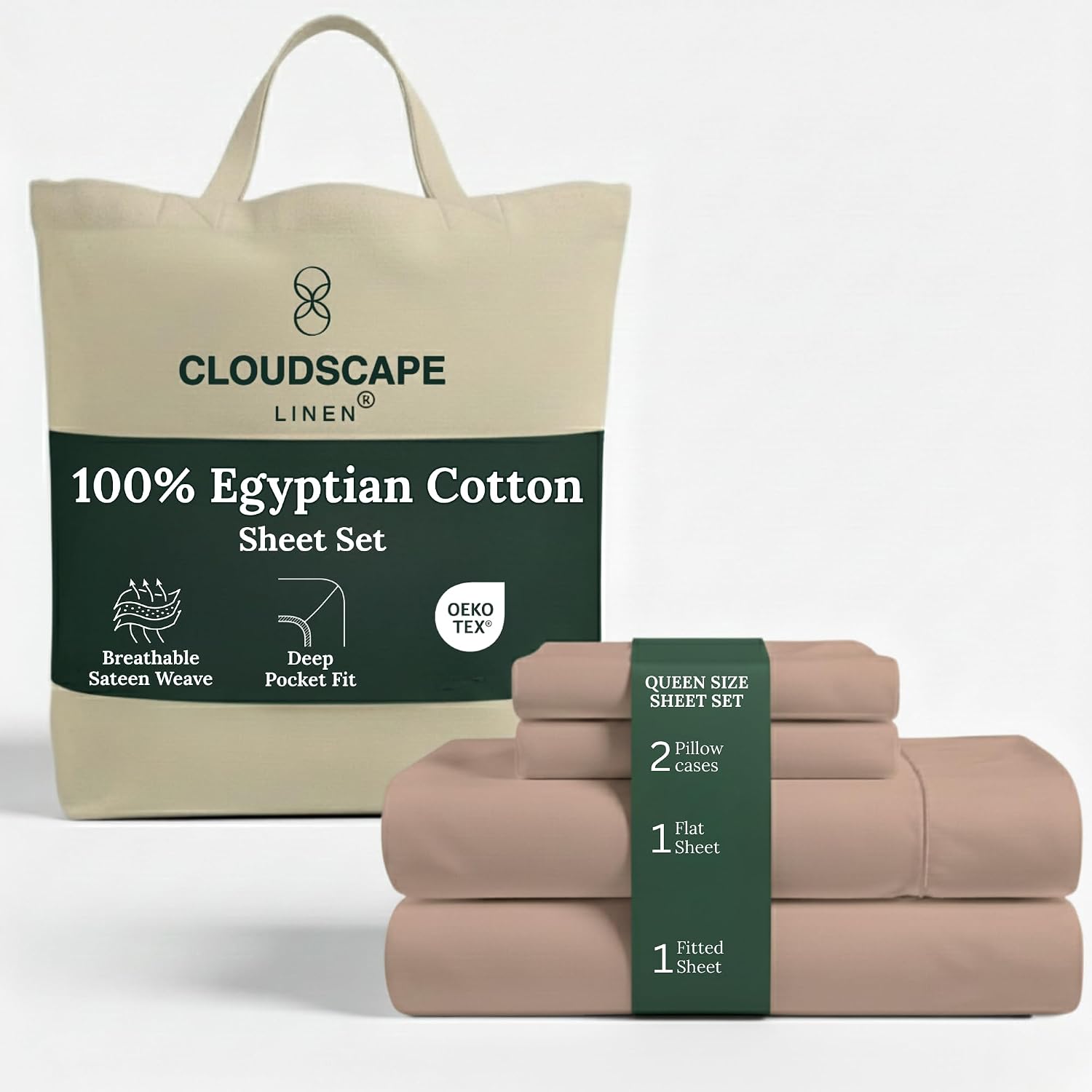 CLOUDSCAPE 100% Egyptian Cotton Sheets Queen Size, 4 Piece Breathable & Silky Sateen Weave Queen Sheet Set, Ultra-Soft & Cooling Hotel Luxury Sheets, Deep Pocket Fitted up to 15', Sepia Rose