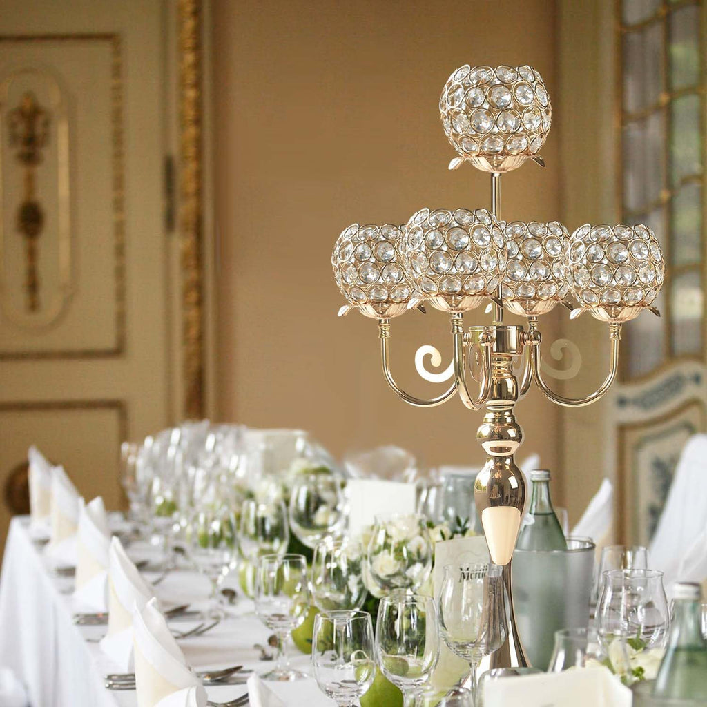 4Pcs 22 Inch Tall 5-Arm Gold Elegant Crystal Candelabra – Fancy Looking Candle Holder, Perfect for Your Table Centerpiece, Wedding & Christmas Dinner Party Events, Home Decor
