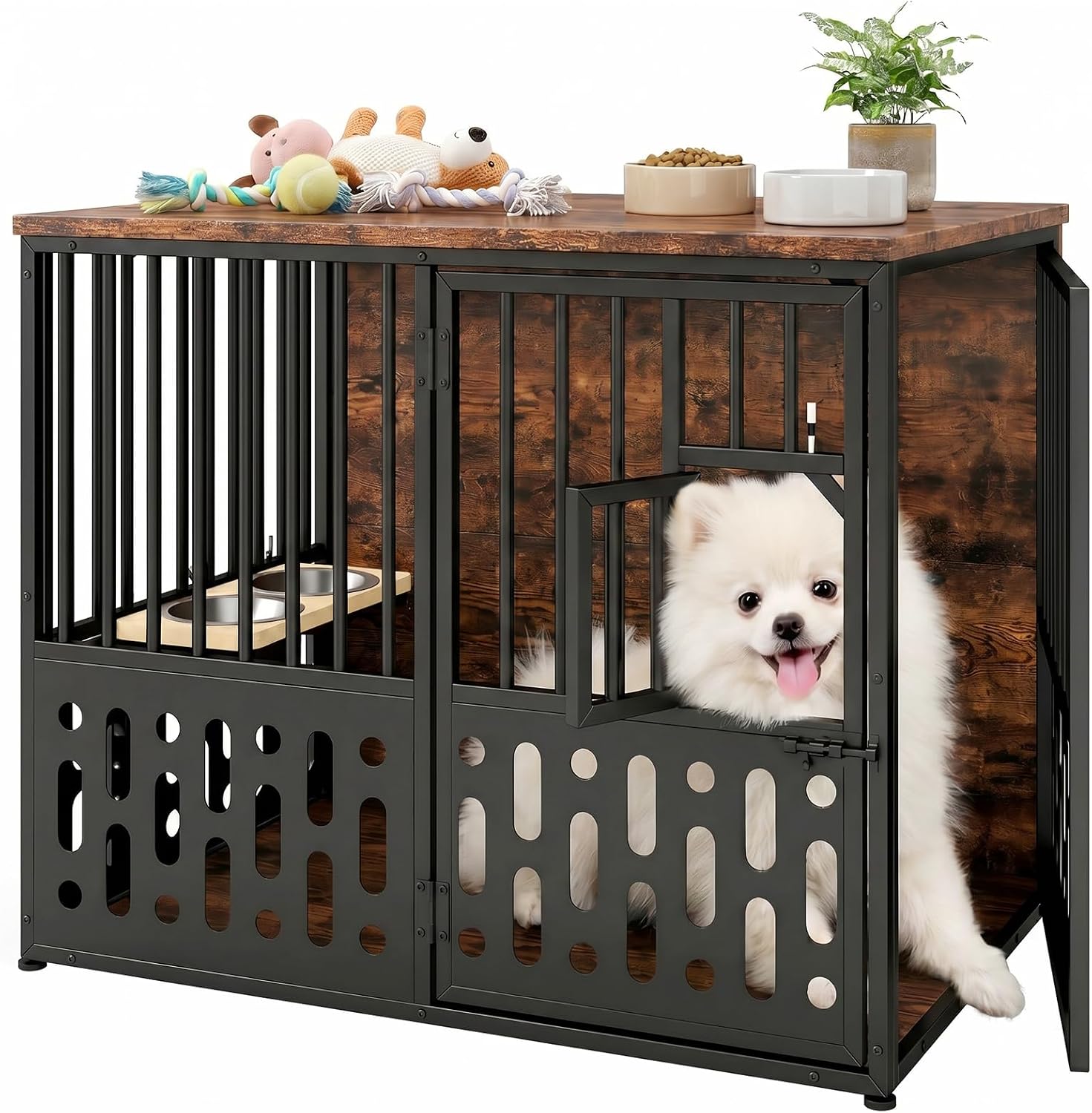 Yafylly 32 Inch Small Dog Crate, Wood Dog Crate Furniture for Small Medium Dogs, Interactive Window, 360° Rotating Adjustable Bowls, Decorative End Table Dog Kennel, Heavy Duty Small Dog Cage, Brown