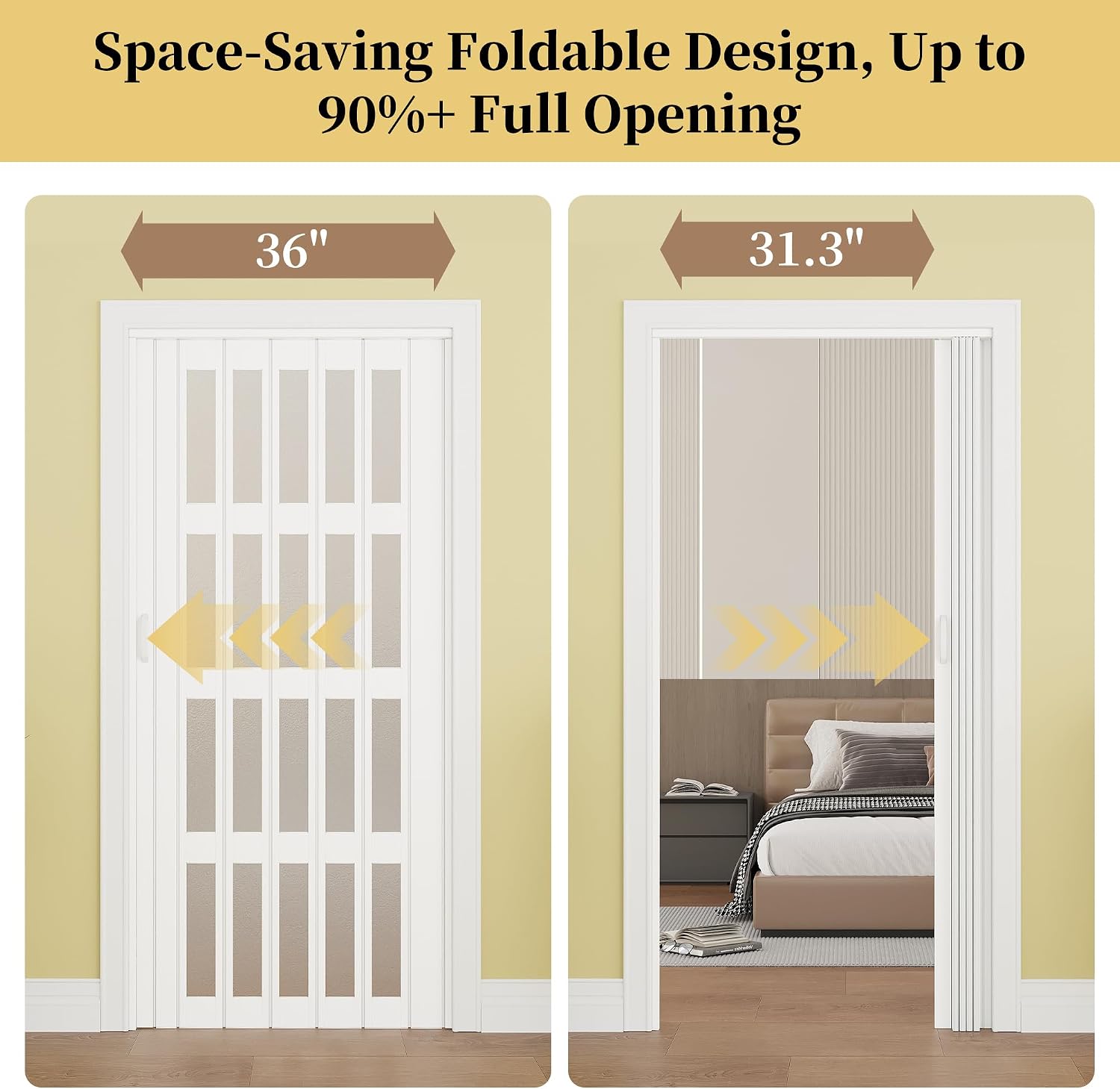 WINSTELLAR 36' x 80' Enhanced Accordion Doors with 4 Frosted Acrylic Panels, Bifold Closet Door Hardware Kit Included, PVC Interior Folding Doors with 2 Handles for Closet Bathroom Doorways