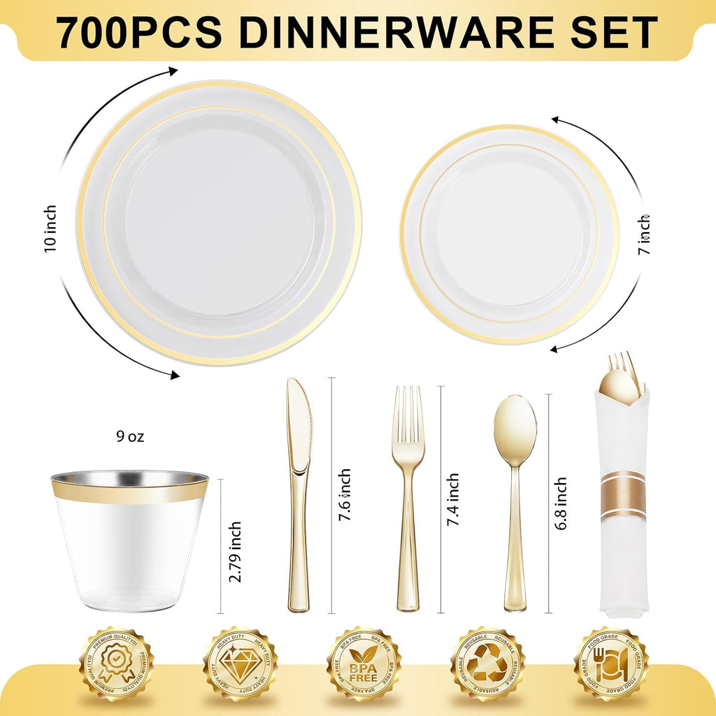 BESTVIP 700PCS Clear Gold Plastic Dinnerware Set for 100 Guests, Disposable Party Plate for Christmas and New Year, Include: 200 Plastic Plates, 100 Pre Rolled Napkins with Silverware, 100 Cups
