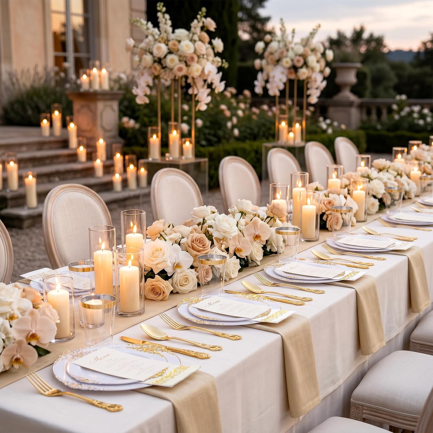 YOUBET 700PCS Gold Plastic Dinnerware Set - White and Gold Disposable Plates for 100 Guest - 200 Disposable Plates, 300 Heavy Duty Plastic Silverware, 100 Cups,100 Napkins for Wedding
