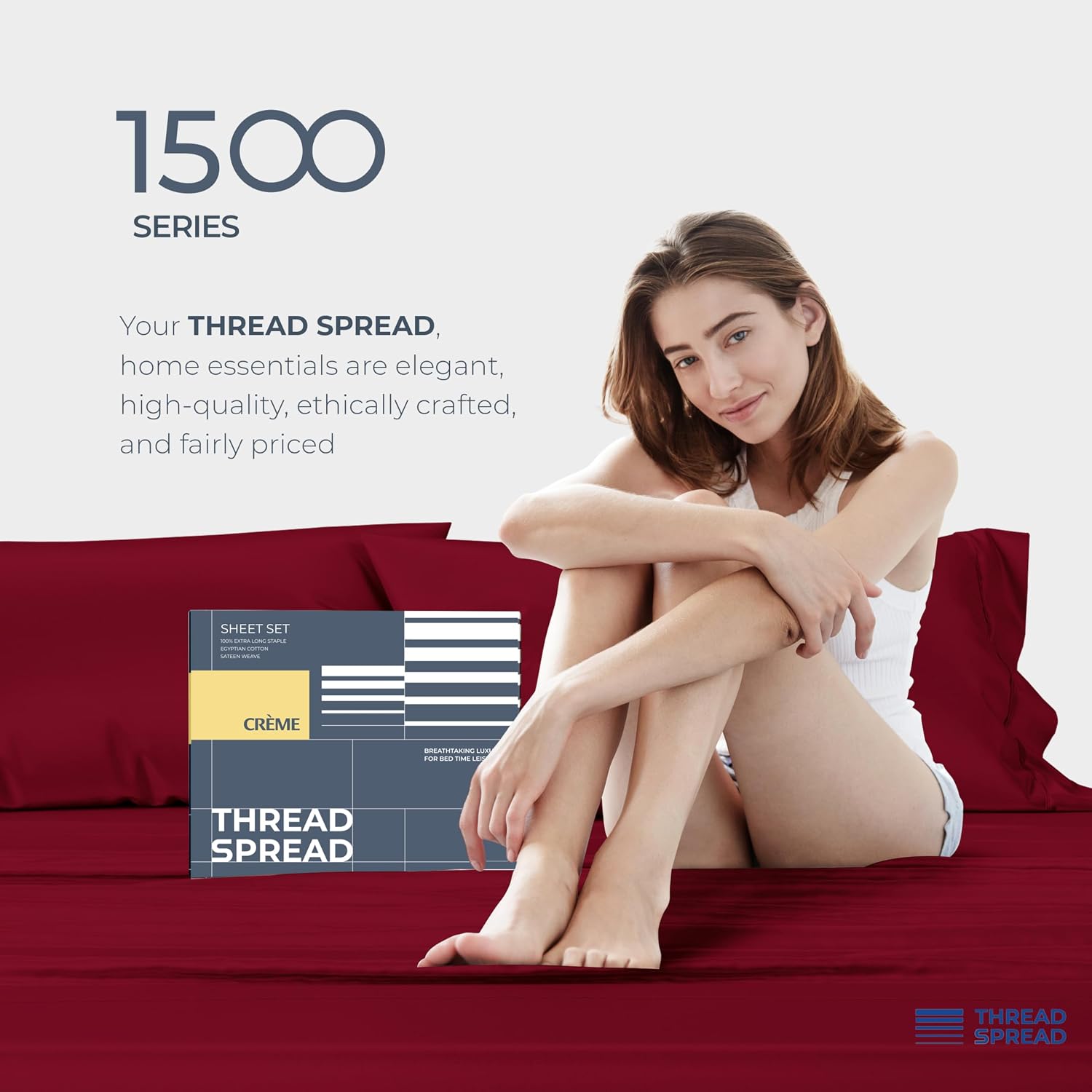 THREAD SPREAD 100% Egyptian Cotton Sheets Queen Size - Luxury 1500 Series Queen Sheet Set Egyptian Cotton (4 PC, Burgundy), Silky Soft, Sateen Weave, Cooling & Breathable, 17' Deep Pocket Bed Set
