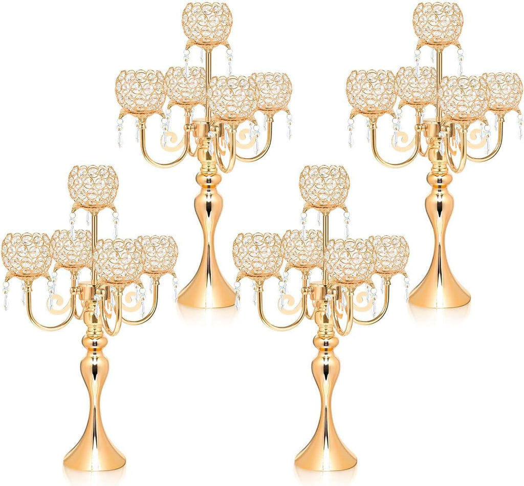 4Pcs 22 Inch Tall 5-Arm Gold Elegant Crystal Candelabra – Fancy Looking Candle Holder, Perfect for Your Table Centerpiece, Wedding & Christmas Dinner Party Events, Home Decor