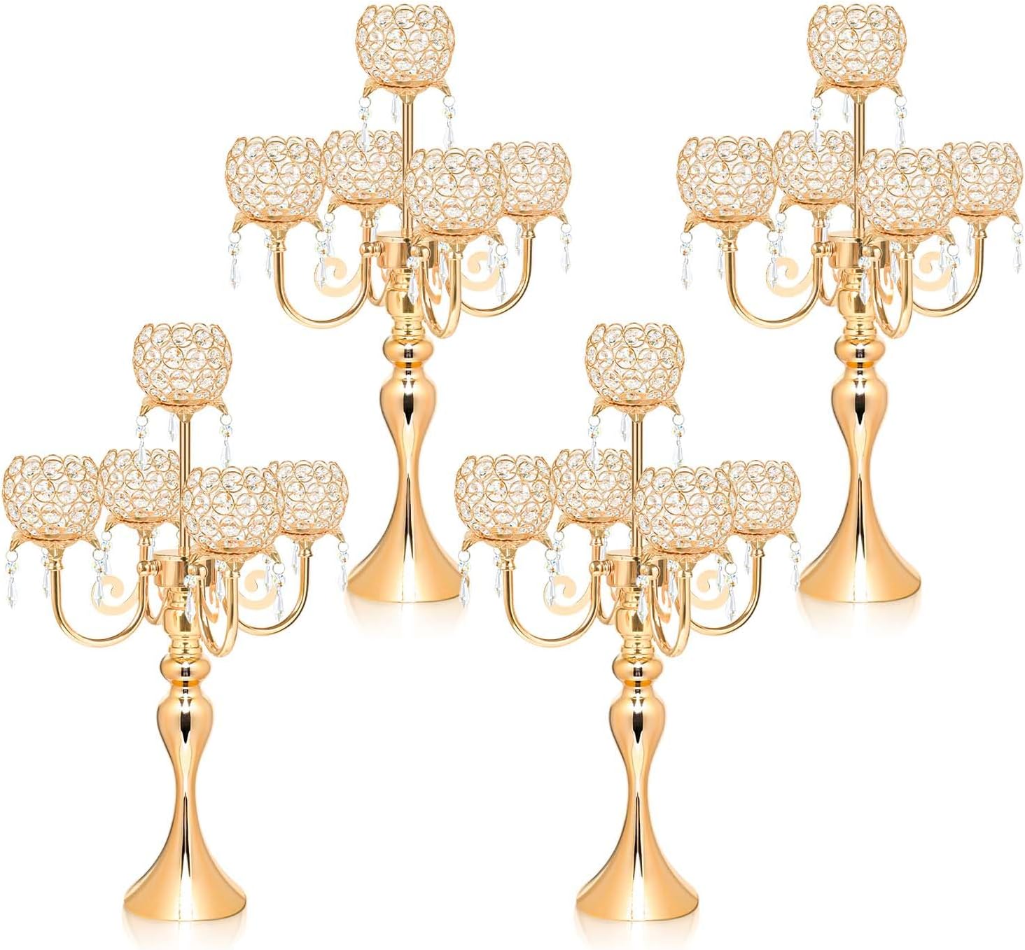 4Pcs 22 Inch Tall 5-Arm Gold Elegant Crystal Candelabra – Fancy Looking Candle Holder, Perfect for Your Table Centerpiece, Wedding & Christmas Dinner Party Events, Home Decor